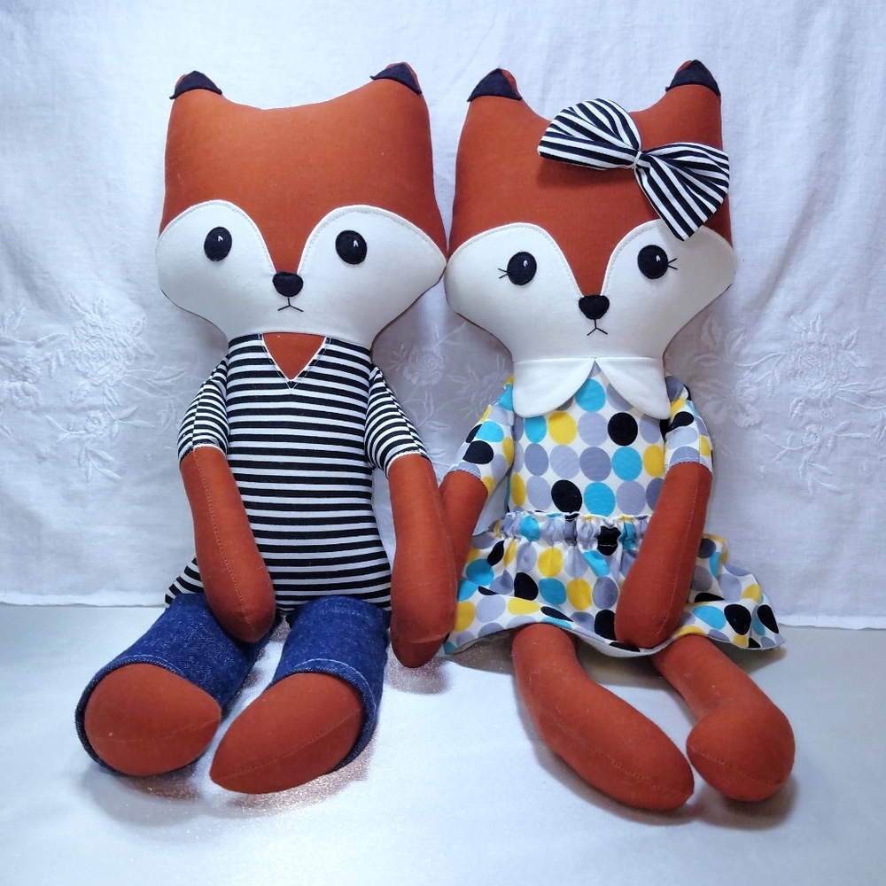 Handmade Girl & Boy Fox Cloth Rag Dolls by Roving Ovine NWOT